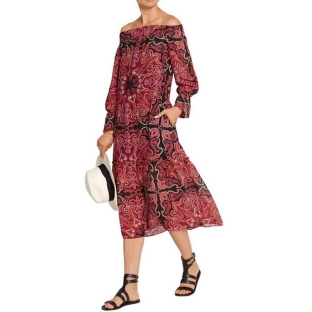 RACHEL ZOE Ariana Crimson Print Silk Chiffon Off Shoulder Midi Dress Sz 4